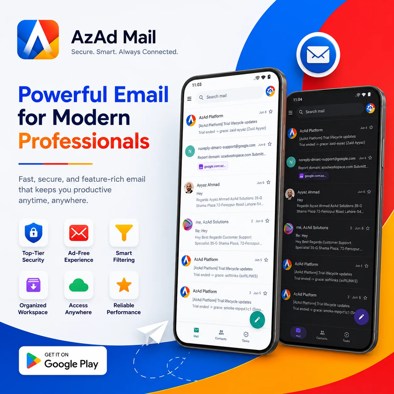 AzAd Mail on Android — phone showing the inbox